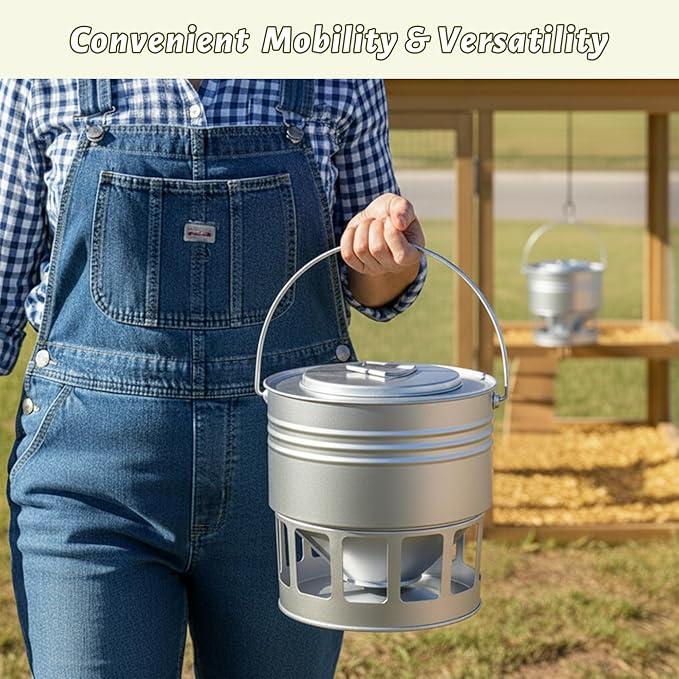 KOL Hanging Chicken Feeder – 20lbs Metal Chicken Feeder No Waste, Adjustable Poultry Feeder with 12 Ports, No Installation & Universal Height Design (Silver)
