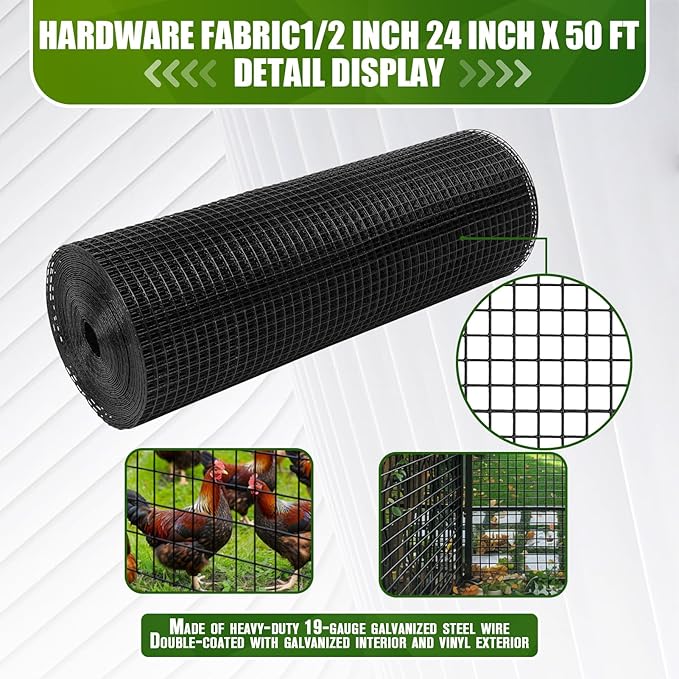 Black Hardware Cloth, 1/2 inch 24 inch x 50ft 19 Gauge Black Vinyl Coated Hardware Cloth, Black Chicken Wire, Black Chicken Wire Fencing for Garden Fence and Home Project by KAKO