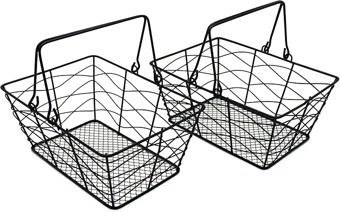 CVHOMEDECO. Metal Wire Fruit Baskets, Set of 2, Black, Rustic, Oval, Sturdy, Open Top, Powder Coated, Kitchen Hanging Baskets