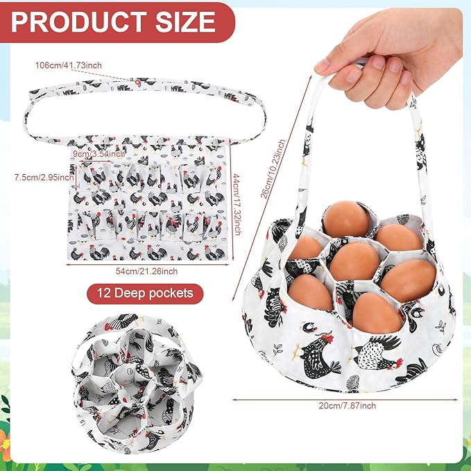 Egg Collecting Apron and Basket, 12 Pouches Chicken Egg Apron with 7 Pouches Basket, Aprons for Fresh Eggs for Chicken, Duck, Goose, Bird, Various Poultry Collection