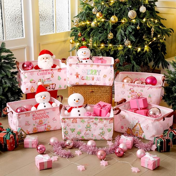CHENGU 6 Pack Christmas Storage Basket Pink Collapsible Christmas Basket for Gifts Gingerbread Man Holiday Decor Large Gingerbread House Bin Foldable Xmas Tree Box with Handle for Bedroom Office Home