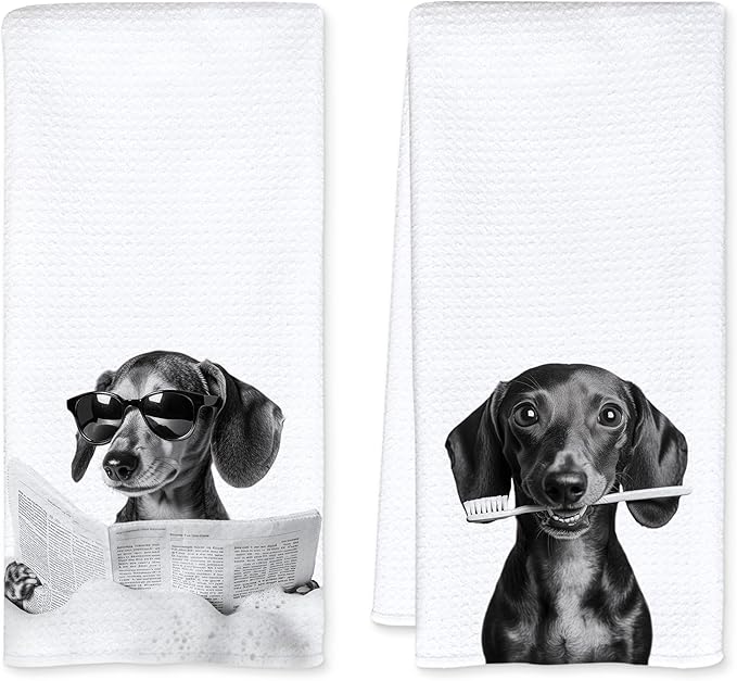 Funny Dachshund Bathroom Hand Towels, Weiner Dog Gifts for Women, Black and White Cute Dachshund Hand Towels for Bathroom Washroom Restroom Decor, 16x24 Inch, Set of 2