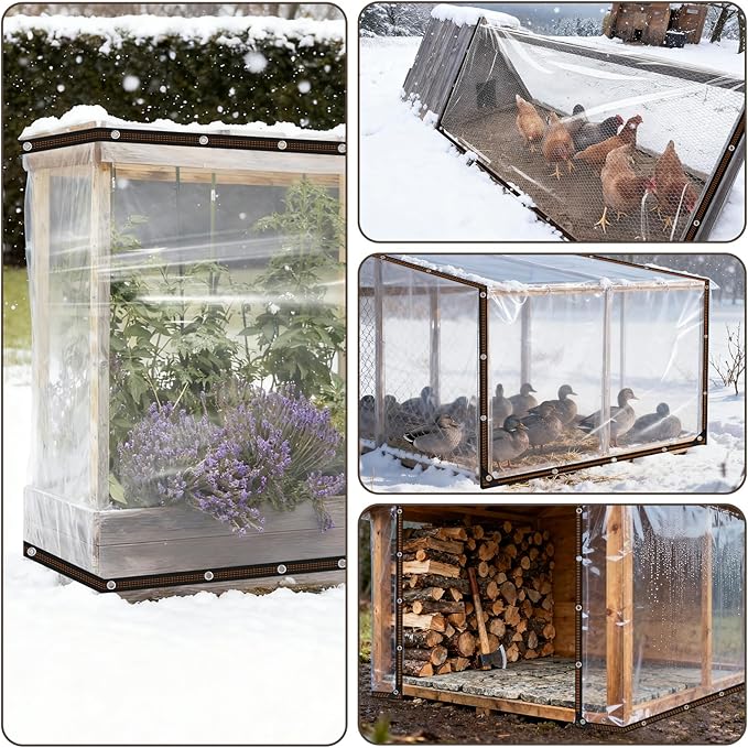 UNIFAMILY Chicken Coop Covers for Winter, Clear Tarp for Chicken Coop, Waterproof Chickens Run Cover with Rope & Cable Tie, Insulation Windproof Winterizing Cover for Poultry Patio