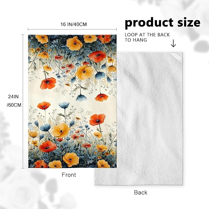 Rustic Wildflower Decorative Kitchen Dish Towels, Colorful Floral Hand & Tea Towel Set of 4, Orange and Blue Dish Cloths for Farmhouse Kitchen Cleaning Drying, Spring Summer Decor