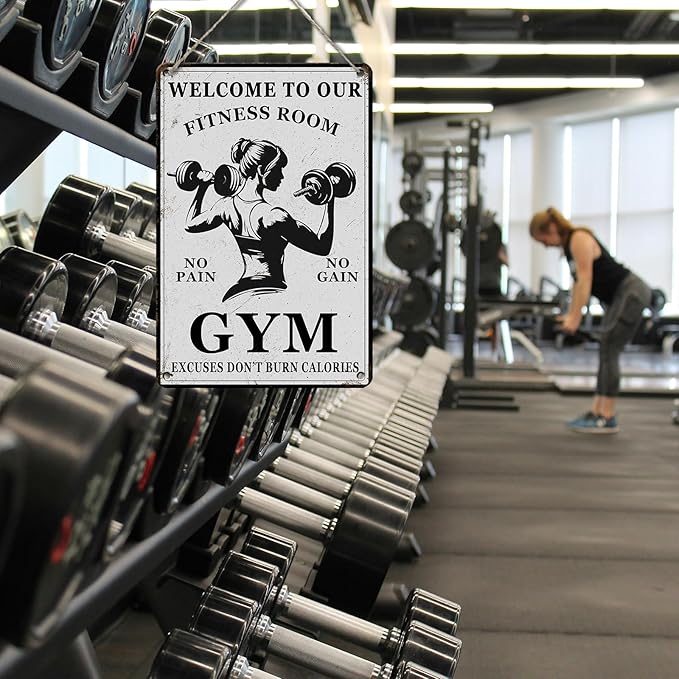 PEACHGARDEN Girl Gym Metal Tin Sign Welcome to Our Fitness Room Wall Art for Home Gym Weight Lifting Decor & Man Cave Workout Poster Motivational Wall Decor 8x12inch