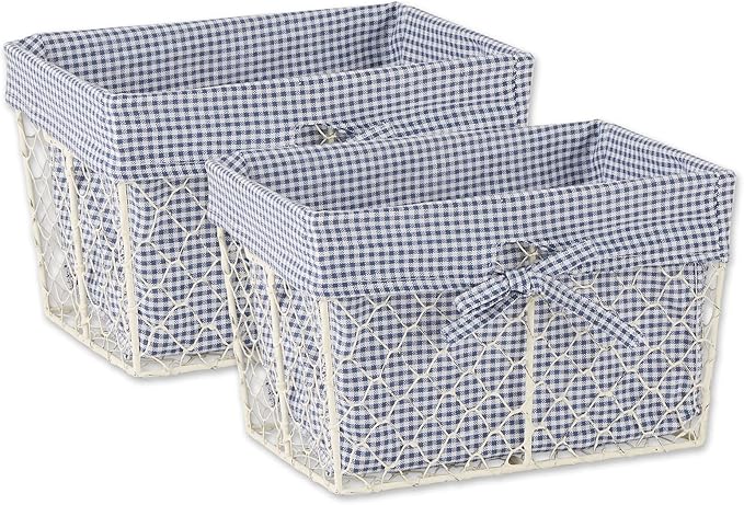 DII Farmhouse Chicken Wire Storage Baskets with Liner, Medium, Antique French Blue Gingham Check, 11x7.88x7", 2 Piece