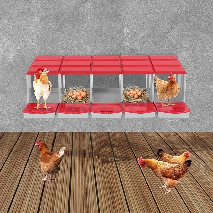 Chicken Nesting Boxes 5 Compartment PP Nesting Box with Inclined Nesting Boxes & Vented Holes Wall Mount Chicken Laying Boxes for Chicken Coop (Red)