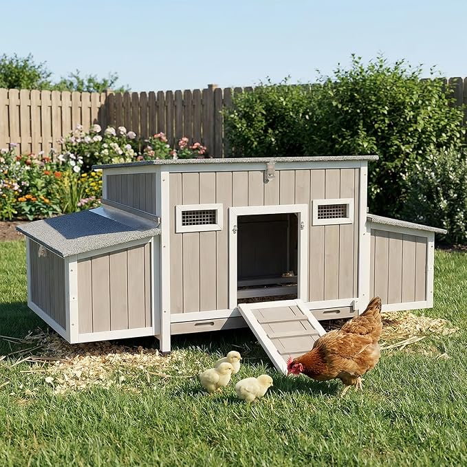 Chicken Coop Waterproof Asphalt Roof Predator-Proof Wooden Hen House for 2–4 Chickens Easy Clean Slide-Out Tray L-Shaped Metal Reinforced Outdoor Coop with Nesting Box Ramp & Ventilation