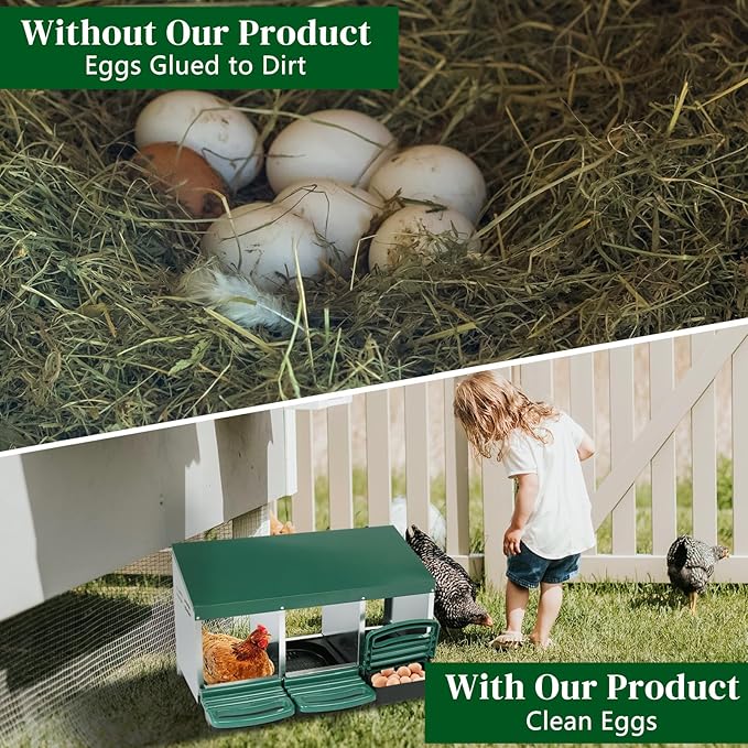 Chicken Nesting Boxes Plastic,3 Compartment Roll Out Chicken Nest Box Egg Laying Box w/Lid Cover,Egg Collection & Protection Chicken Coop for Up to 3 Hens,Chicken Cage Supplies for Poultry Farm,Green