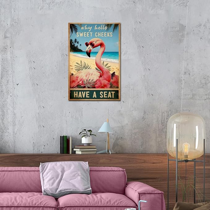 Flamingo Wall Art – Funny Retro Flamingo Poster, Tropical Wall Decor for Living Room, Vintage Art, Perfect for Bathroom or Bedroom 12x8 Inch