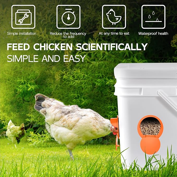 Chicken Feeder Port 12Pack Poultry No Waste Port Kit with Stopper Lid, 1 Hole Saw, DIY Automatic Reusable Coop Feeder, Rain Proof Gravity Feeding Geese Duck Hens Rooster for Bucket Barrel Bin (Orange)