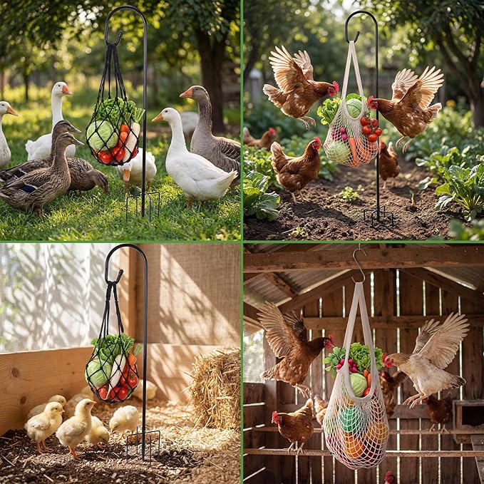 10 Pcs 2 Sets Hanging Chicken Feeder Chicken Coop Toys Accessories Include Dual Size Poultry Vegetable Fruits String Bag Heavy Duty Shepherd's Hook Veggie Treat Ball for Hen Goose Duck