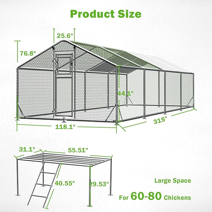 10x26FT Metal Chicken Coop, Dutch Door Chicken Run with Chicken Perch, Cover and Hardware Cloth, Walk in Duck Pen for Backyard Poultry and Pet Farming