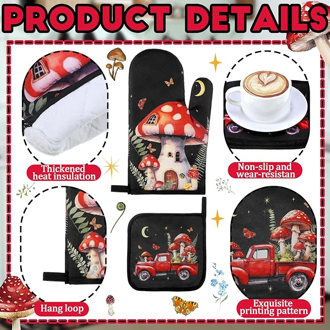 10 Pcs Kitchen Dish Towels Rugs Oven Mitts and Pot Holders Set Farmhouse Kitchen Decor Set for Women Mom Daughter Gift Cooking Baking Grilling(Dark Colors,Mushroom)
