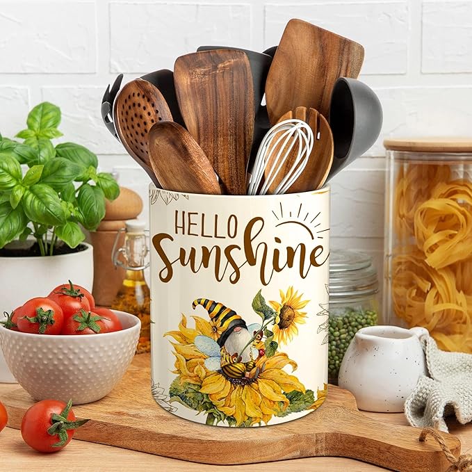 Hexagram Sunflower Decor Utensil Holder, Sunflower Kitchen Decor Ceramic Utensil Holder for Farmhouse Indoor Kitchen Decorations Rustic Farmhouse