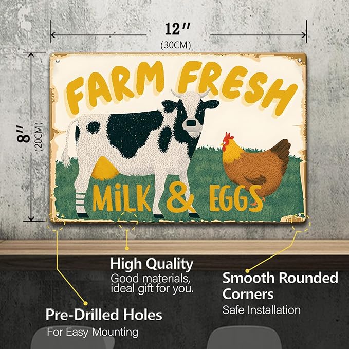 Vintage Metal Sign Farm Fresh Tin Sign Cow Chicken Milk and Eggs Rustic Decor Funny Metal Wall Art Painting Home Kitchen Farmhouse Ranch Zoo Cave Wall Decor Retro Decoration 12x8 Inch