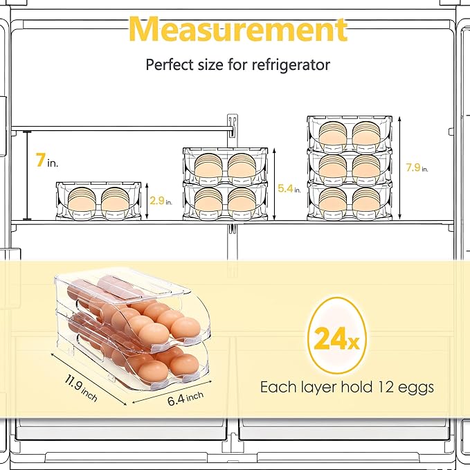 Egg Holder for Fridge, Automatic Steady Rolling Egg Container with Soft Bumpers & Handle for Refrigerator, Stackable Fridge Organizers and Storage with Lid