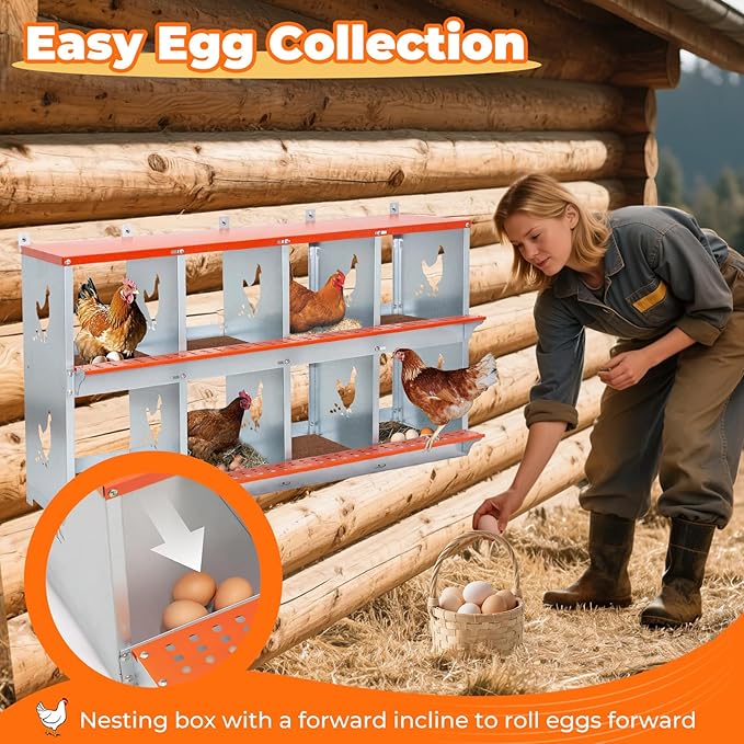 Chicken Nesting Box, 8 Compartment Metal Nesting Boxes for Chickens, Wall Mountable Chicken Laying Boxes, Easy Egg Collection, with Nesting Pads, Indoor & Outdoor Use, 42.5" L x 17" W x 25" H