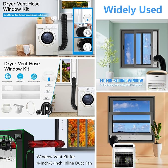 Dryer Vent Window Vent Kit with 4" Hose, Adjustable Window Vent Kit with 4 Inch 5FT Dryer Vent Hose and 4", 5'' Couplers For dryer, HVAC Ducts, Ducted Fans, Portable AC Or Dryers in Homes, Grow Tents