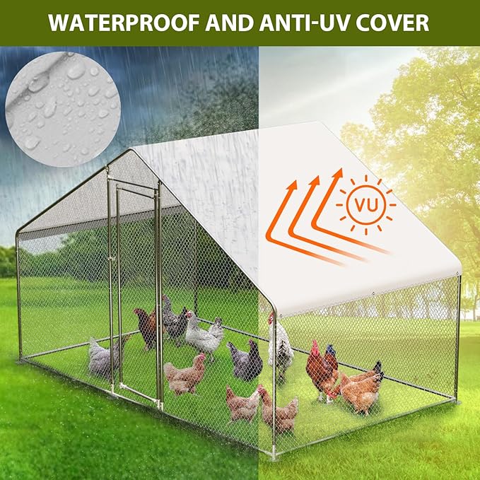 Large Walk-in Metal Chicken Coop with Run – 9.8L x 6.5W x 6.5H Outdoor Chicken Runs with Galvanized Steel Frame, Waterproof & UV-Resistant Cover, Spire Roof for Yard, Farm, Chickens, Ducks & Rabbits