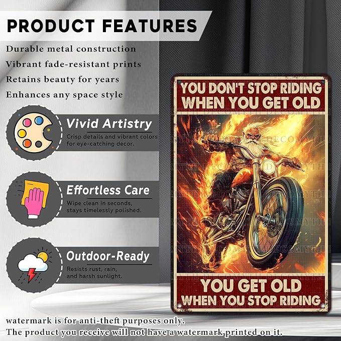 Vintage Motorcycle Tin Sign You Don't Stop Riding When You Get Old Retro Wall Decor Nostalgic Art Funny Riders Metal Poster Store Cafe Garage Bar Pubs Toilet Bedroom Man cave 12 * 8inch