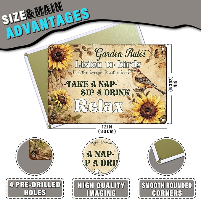 PEACHGARDEN Vintage Garden Rules Metal Tin Sign Outdoor Wall Art Women Gardening Gifts Durable Rustic Patio Yard Farmhouse Decor 12x16inch