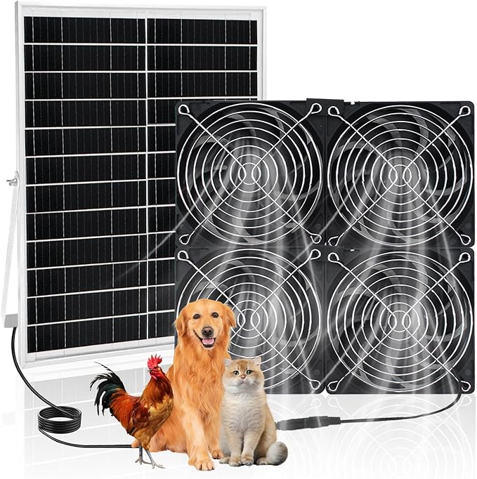 20W Solar Powered Exhaust Fan with 4 Waterproof Fans 5-inch for Outside Backyard Chicken Coops, Greenhouses, Doghouse Air Circulation with 11.5 FT On/Off Switch Cord