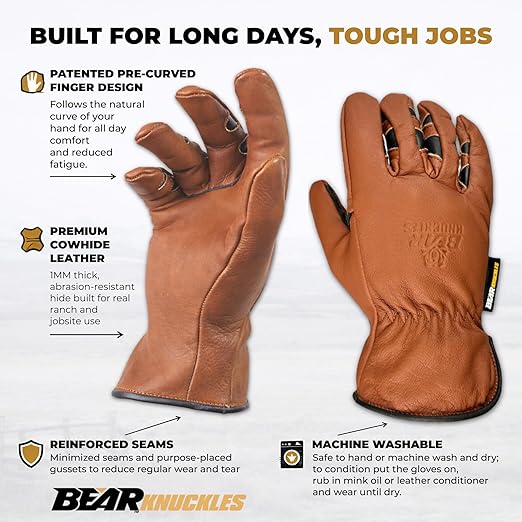 Bear Knuckles Cowhide Leather Work Gloves for Men, Redrock D451 – Medium, Full Leather Construction, Durable Leather Working Gloves for Construction, Farm & Yard Work, Outdoor Regular Duty Protection