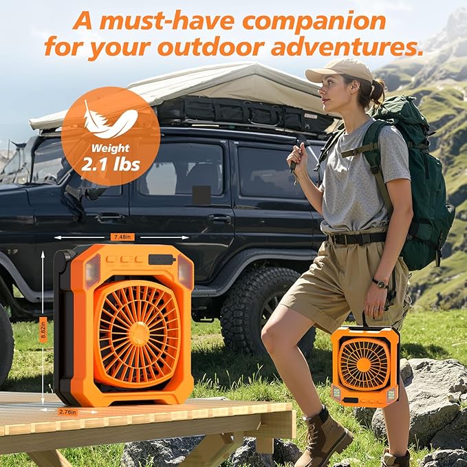 Camping Fan Battery Powered & Solar Powered, Portable Solar Fan 10000mAh Rechargeable Outdoor Fans with Light, Quiet Cordless Fans for Tent, RV, Emergency, Hiking, Power Outage, Desk, Survival Kit
