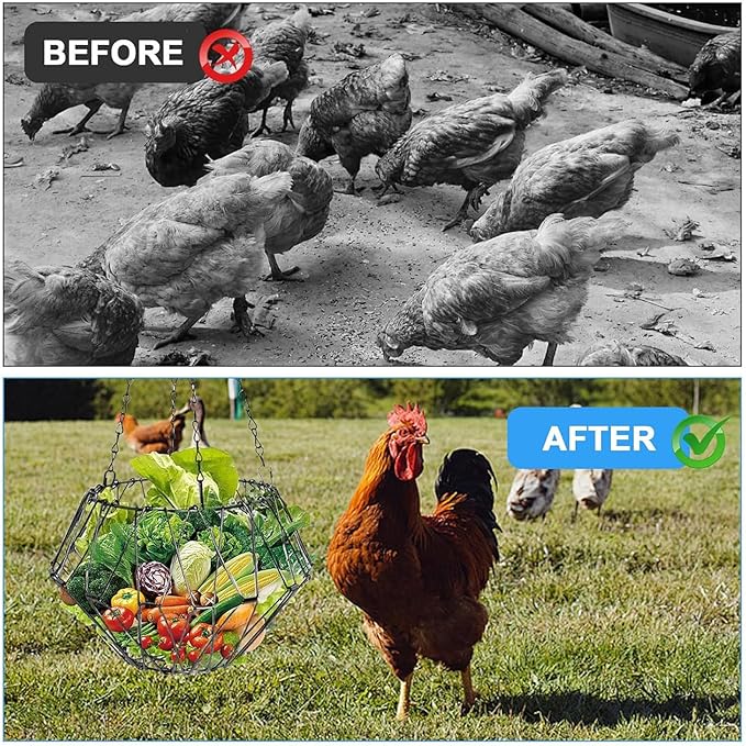 Hanging Chicken Feeder,Foldable Large Poultry Accessories Vegetable Fruits Feeder Basket with 4 Firm Hanging Chain and Hook,Chicken BoredomToys for Coop (1 Pack)