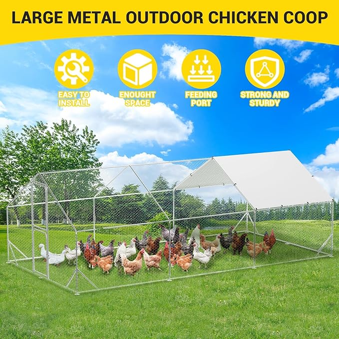 Garvee Large Metal Chicken Coop, Chicken Run with Cover, Large Chicken Pen with Double Door for Outdoor Farm Yard (19.7'L x 9.8'W x 6.6'H)