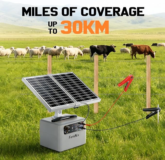 6-12KV Adjustable Output Solar Charger,30 Miles Solar Electric Fence Charger,1.5J Solar Fence Charger,15W Solar Powered Electric Fence Kit for Livestock,24H Uninterrupted Protection