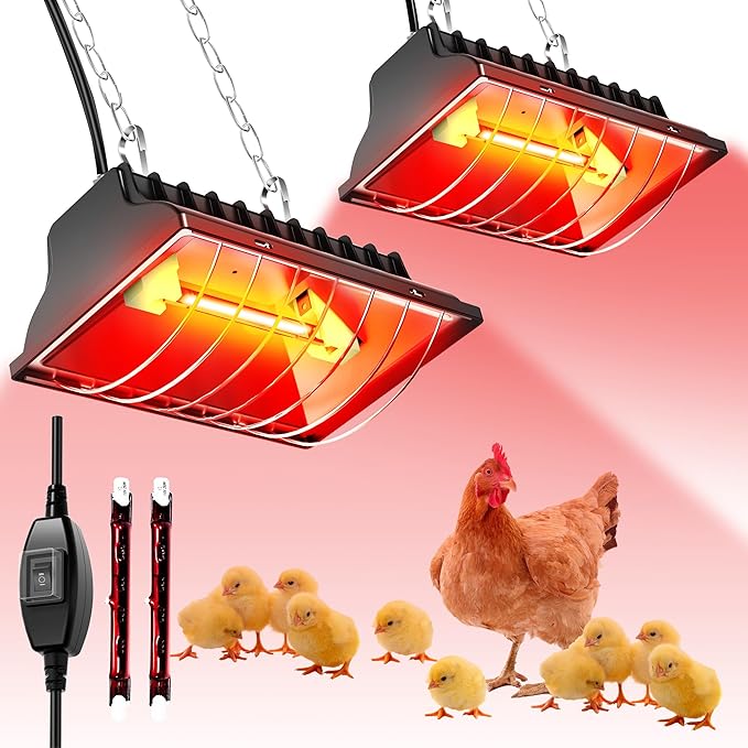 Chicken Coop Heater 2-Pack, 175W & 250W Dual-Mode Heat Lamp for Chickens with 3M Cord, Adjustable Hanging Height Brooder Heater for Ducks, Calves, Poultry and Livestock Pets Warmer in Winter
