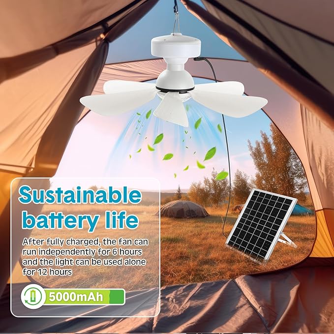 1 Set Solar Ceiling Fan Kit 25w Solar Powered Rechargeable Ceiling Fan with 3 Color Light and Remote Control, Built in 5000mah Battery, for Outdoor Chicken Coop Camping Tent