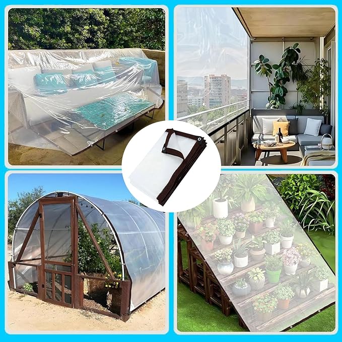 9x27 FT Clear tarp Waterproof Heavy Duty,Plastic Tarp Edge Heat Fused Rope+Tie-Downs, with Outdoor Patio Enclosure Chicken Coop Cover Waterproof Transparent Tarpaulin, for Porch Greenhouse Plant