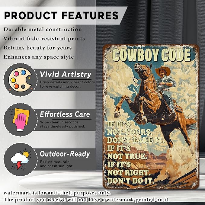 Retro Cowboy Riding Horse Cowboy Code Poster for Home Farm Outdoor Bathroom Restaurant Cafes Bars Club Kitchen Garage Cute Vintage Art Wall Decor 12 * 8inch