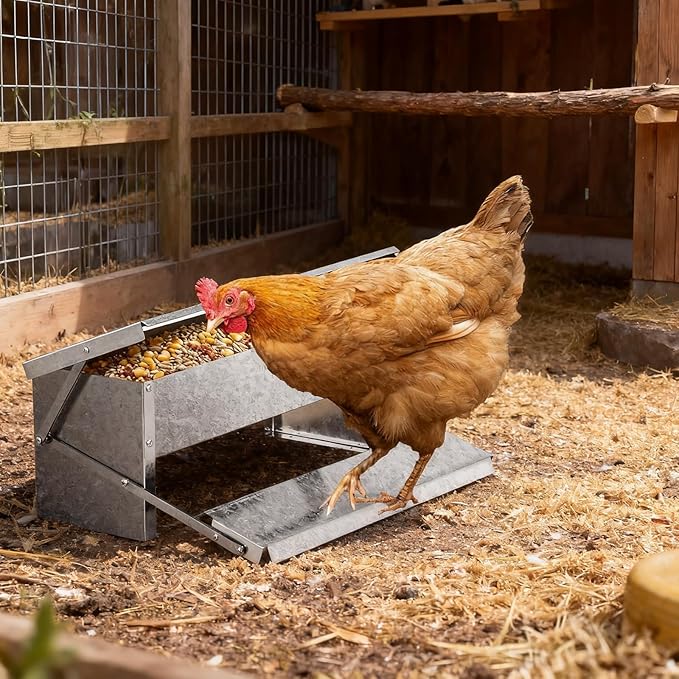 Outvita Automatic Treadle Chicken Feeder, 15 Lbs No Waste No Spill Rodent Proof Metal Chicken Feeder with Weatherproof Lid, Chicken Supplies for Your Chickens Duck Bantams Pheasants Poultry Coop