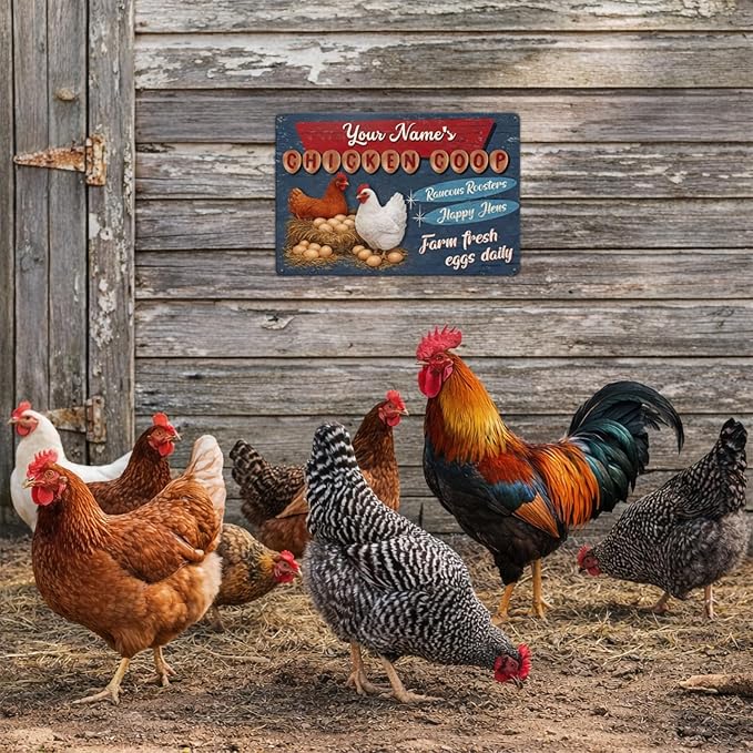 Custom Name Chicken Coop Sign Farm Fresh Eggs Daily Raucous Roosters Happy Hens Retro Tin Metal Plaque Country Farmhouse Wall Decor For Backyard Poultry Lovers