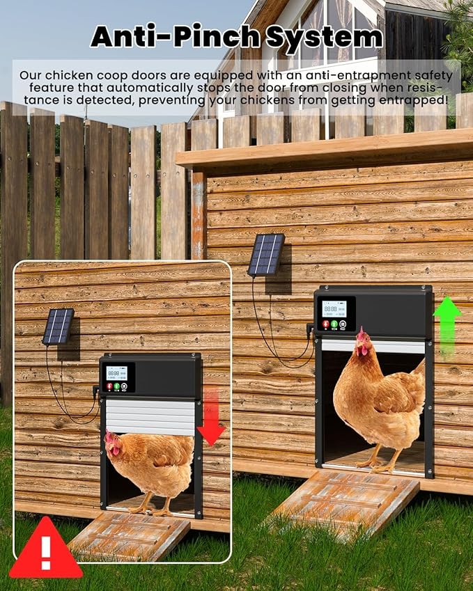 2025 Upgraded Solar Powered Automatic Chicken Door, WiFi Remote Control Chicken Coop Door, with LCD Display & Timer & Light Sensor, Chicken Door with Anti-Pinch Design