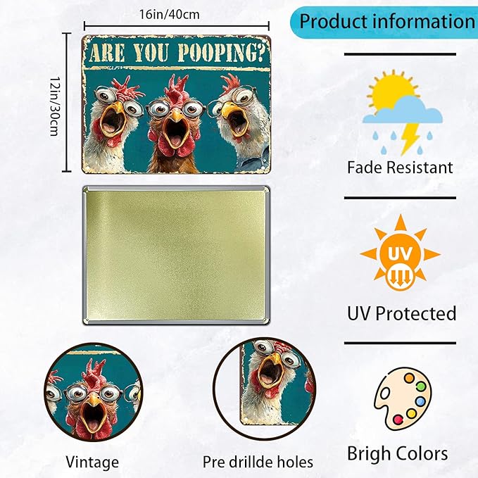 Funny Bathroom Chicken Signs Vintage Are You Pooping Chicken Metal Tin Signs Home Decor Toilet Wall Decor Art Humorous Bathroom Poster 12x16 Inch