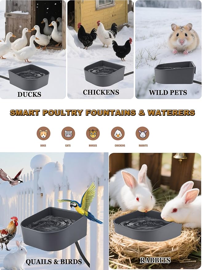 Chicken Waterer for Winter,Automatic Keep Warm Poultry Water Fountain for Outdoor,Hanging Chicken Water Feeder w Thermostat Anti-Freeze Water Bowl for Duck,Turkeys,Quails,Chicks Rabbit in Chicken Coop