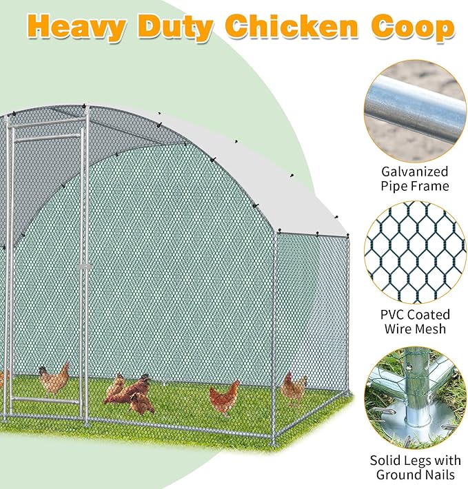 VINGLI Large Metal Chicken Coop, 6.5x9.8x6.5 ft Poultry Cage for Chicken Run, Walk-in Chicken Pen with Waterproof & Anti-UV Cover for Yard Outdoor (Silver-Dome Roof)
