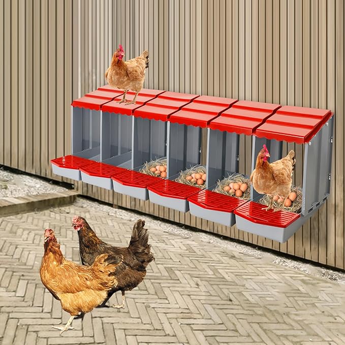 Chicken Nesting Boxes 6 Compartment PP Nesting Box with Inclined Nesting Boxes & Vented Holes Wall Mount Chicken Laying Boxes for Chicken Coop (Red)