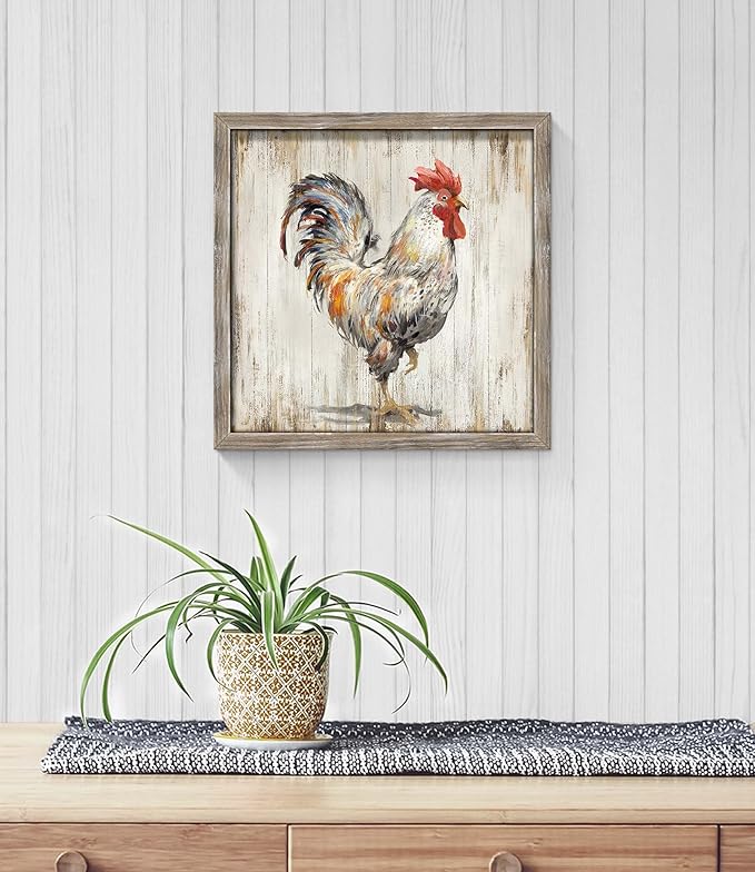 Farmhouse Wall Art Decor Kitchen: Rooster Framed Wood Picture Rustic Farm Animal Print Painting Vintage Chicken Country Artwork for Home Bathroom Living Room Decorations 12 x 12 Inches