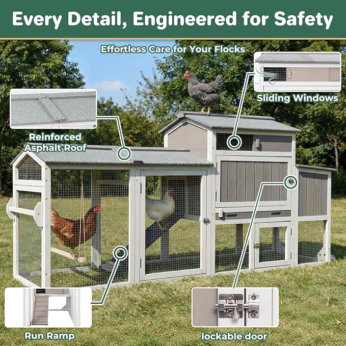 Chicken Coop with Run, Weatherproof Mobile Chicken Tractor Hen House with Wheels, Nesting Box, Roosting Bars, Pull-Out Tray, Asphalt Waterproof Roof & Fun Swing for Chickens Quails Small Animals
