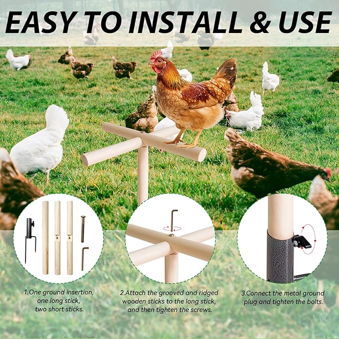 Chicken Perch Toys for Coop – Wooden Chick Perch Stand with Metal Ground Plug, Reusable Roosting Bar Ladder Chicken Coop Accessories Backyard Playground for Poultry, Rooster, Chicks, Birds, Parrots