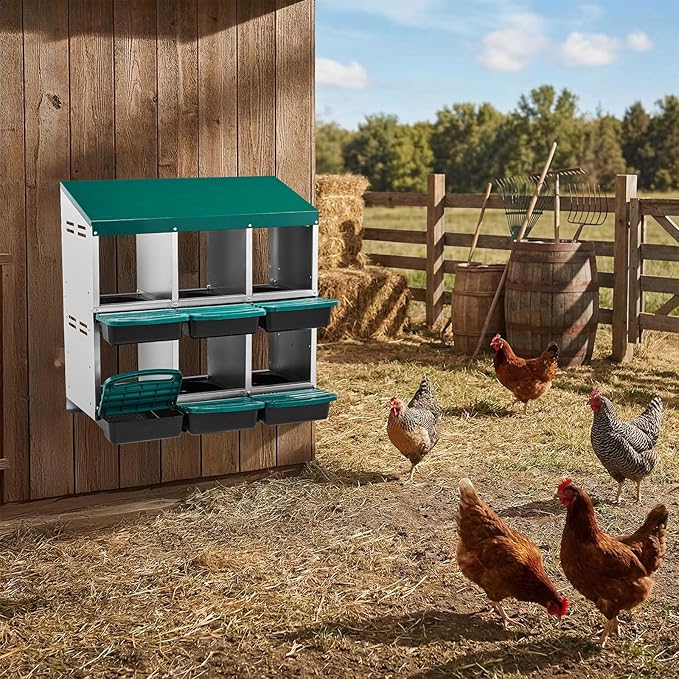 Chicken Nesting Box with 6 Compartments, Automatic Roll-Away Egg Collection, Wall Mount Hen Laying Box with Perch Removable Trays for Easy Cleaning Durable Galvanized Steel Nest Box for Backyard Green