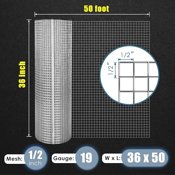 GoldPeak Hardware Cloth 1/2 inch 36 inch x 50 Foot 19 Gauge, Hot-dip Galvanized After Welding, Wire Mesh Roll Chicken Wire Fence Roll Rabbit Wire Cloth Tree Guard Cage Wire