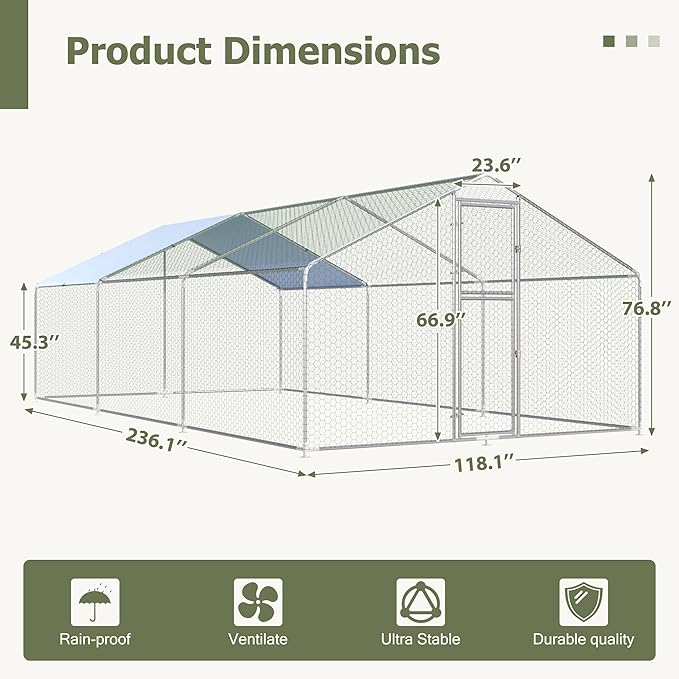 Large Metal Chicken Coop,19.7x9.8x6.4 FT Chicken Run for Yard with Waterproof & Anti-UV Cover,Walk in Chicken Pen with Feeding Door (19.7 * 9.8 * 6.4 ft)