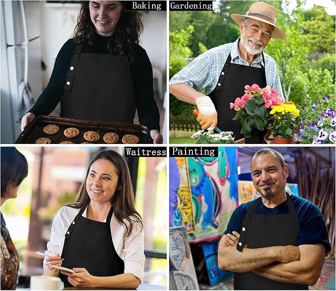 Adjustable Button Apron for Women Men Artist Painting Pottery Garden Cooking Kitchen Chef 3 Pockets Waterproof M-XXL